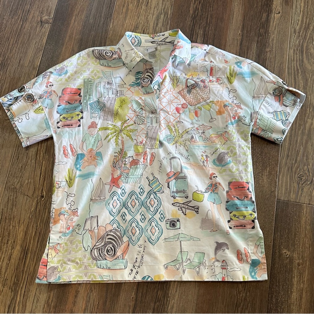 CHICOS women's 2  PARADISE vacation no iron chic stretch graphic summer shirt